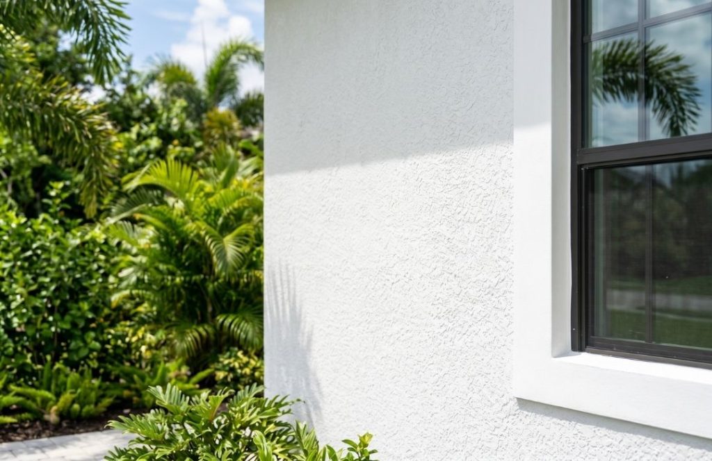 Close-up of a freshly painted white stucco exterior wall with dark window trim on a Florida home, surrounded by lush tropical landscaping, exterior painting in Sarasota by Razo Painting.