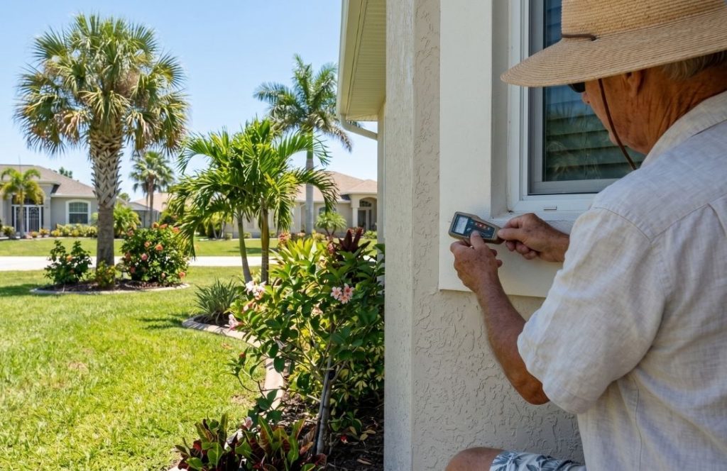 Homeowner using a moisture meter to inspect exterior stucco and window trim on a Charlotte County Florida home, palm trees and neighboring homes visible in the sunny background — exterior paint maintenance inspection by Razo Painting.