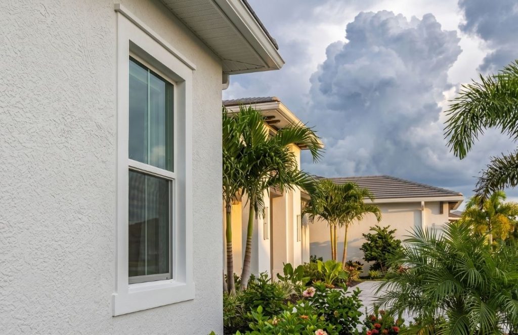 Freshly painted stucco home exterior with white trim and tropical landscaping under a dramatic storm-building sky in Sarasota County, professional exterior painting services by Razo Painting.