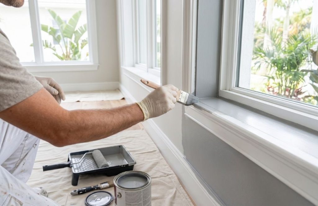 Professional painter applying gray paint to interior window trim with a brush, canvas drop cloth and paint tray on the floor — interior painting services in Sarasota by Razo Painting.
