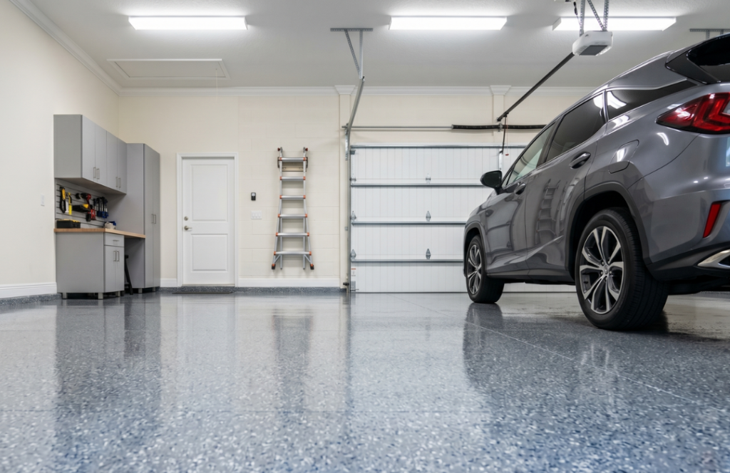 A professionally coated garage floor with a high-gloss flake epoxy finish in a clean Florida home garage, SUV parked on the surface with gray storage cabinets and a workbench visible — garage floor epoxy installation in Sarasota by Razo Painting.
