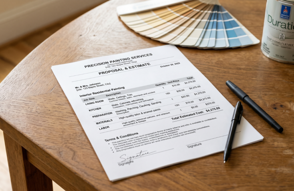 A detailed interior painting proposal and estimate document on a wooden table alongside a Sherwin-Williams paint can, color swatch fan, and pen, what a professional painting estimate in Sarasota should look like before any project begins.