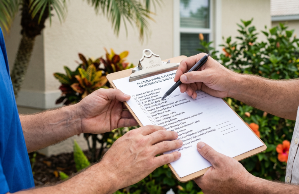 A painting contractor reviewing a Florida home exterior maintenance checklist on a clipboard with a homeowner outside a stucco home, tropical landscaping in the background, what to ask before hiring a residential painting contractor in Florida.